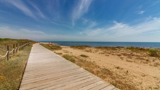 A wooden boardwalk leading to a beach with a clear sky. - Cozy apartment in La Mata, Torrevieja (La Mata, Torrevieja)