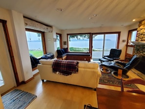 Smart TV, chimenea y libros 