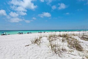 A beach with white sand, clear turquoise water, and sparse vegetation.