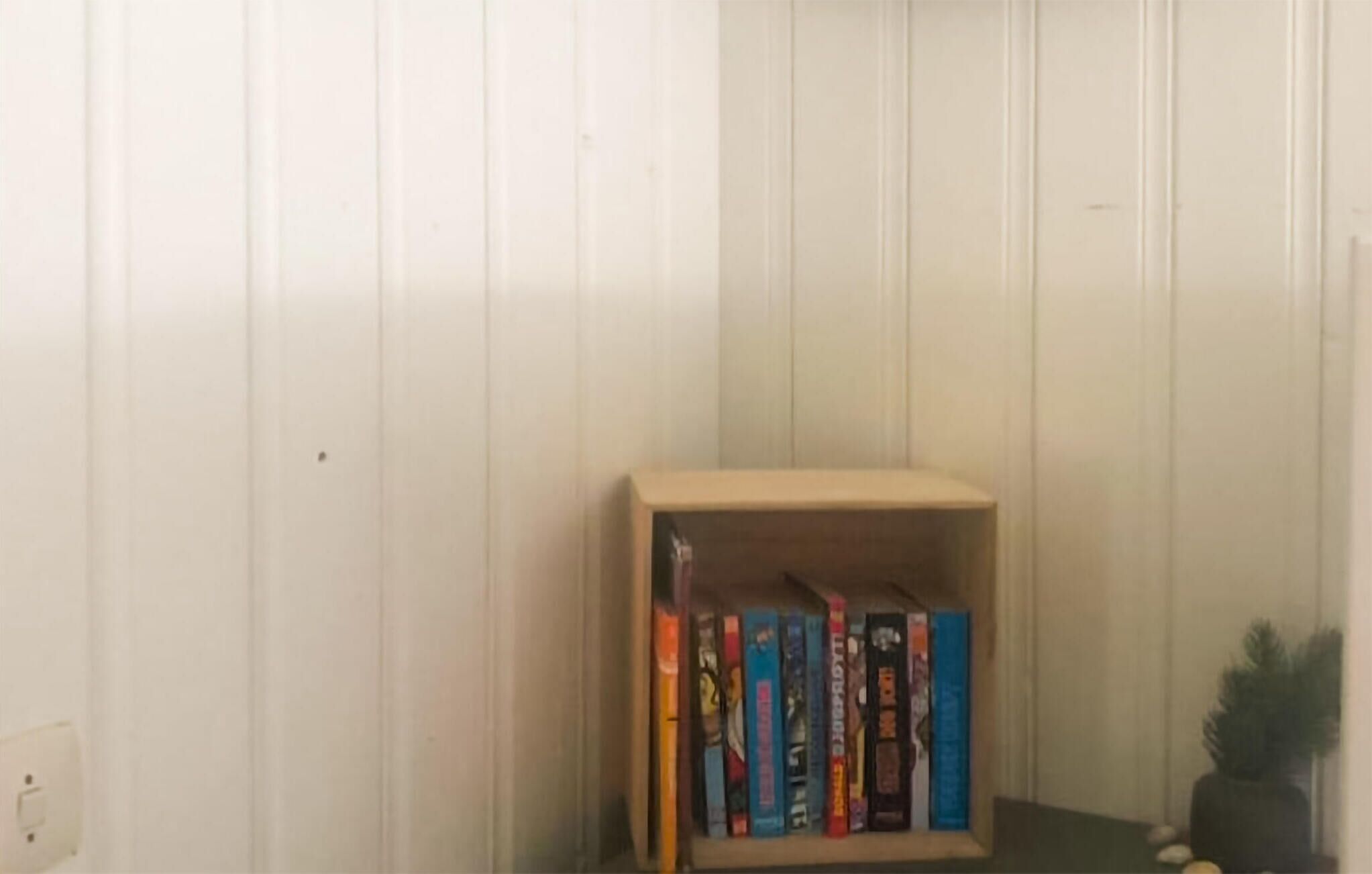A corner of a room with a wooden bookshelf containing various books.