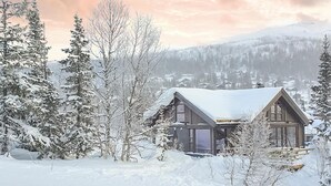 A wooden cabin with a steep roof, surrounded by snow-covered trees and a mountain in the background.