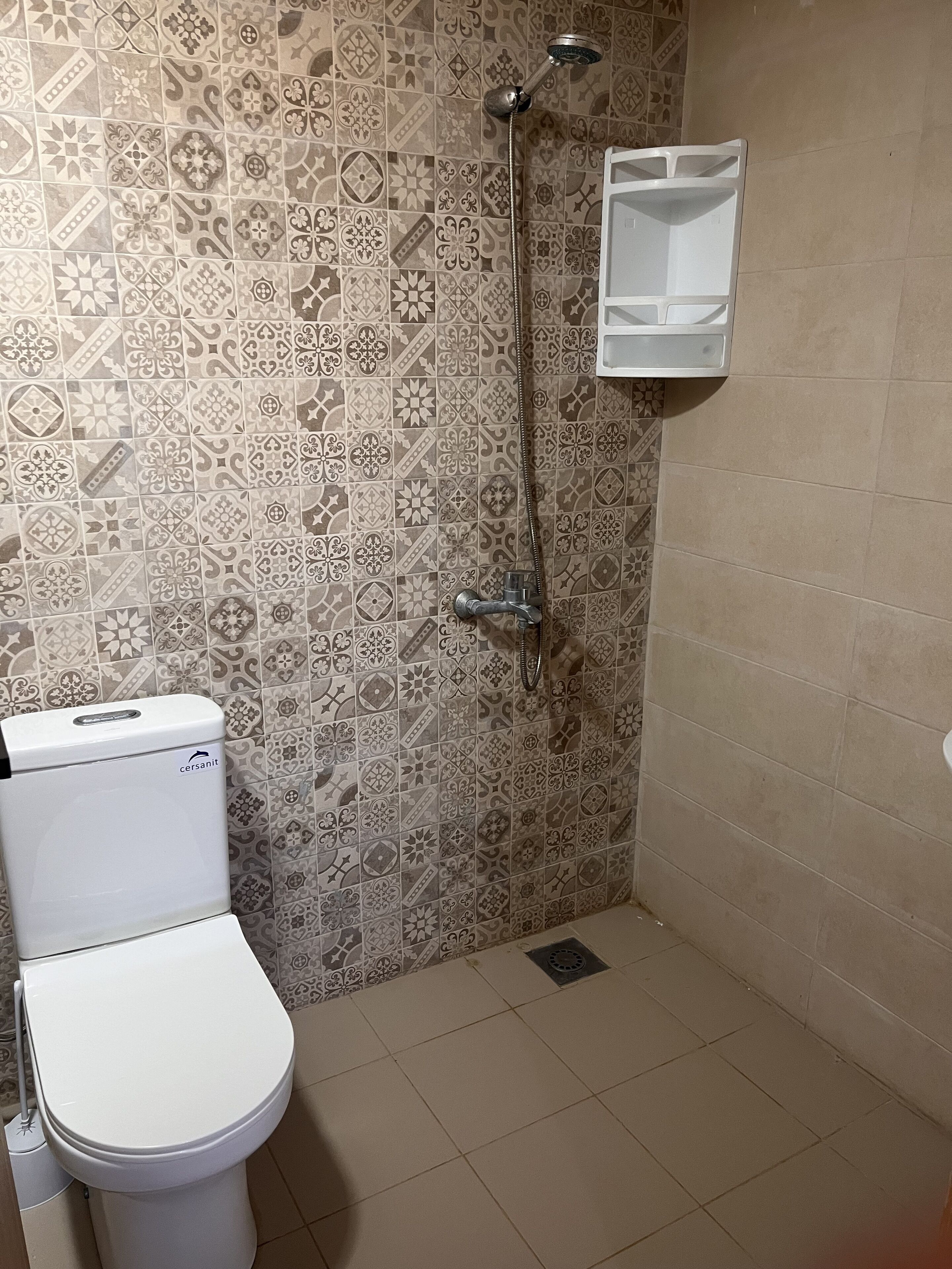 A bathroom with a toilet, a shower, and a wall with patterned tiles.