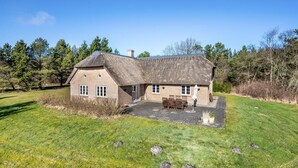 A thatched-roof house with a paved patio and a wooden table and chairs.