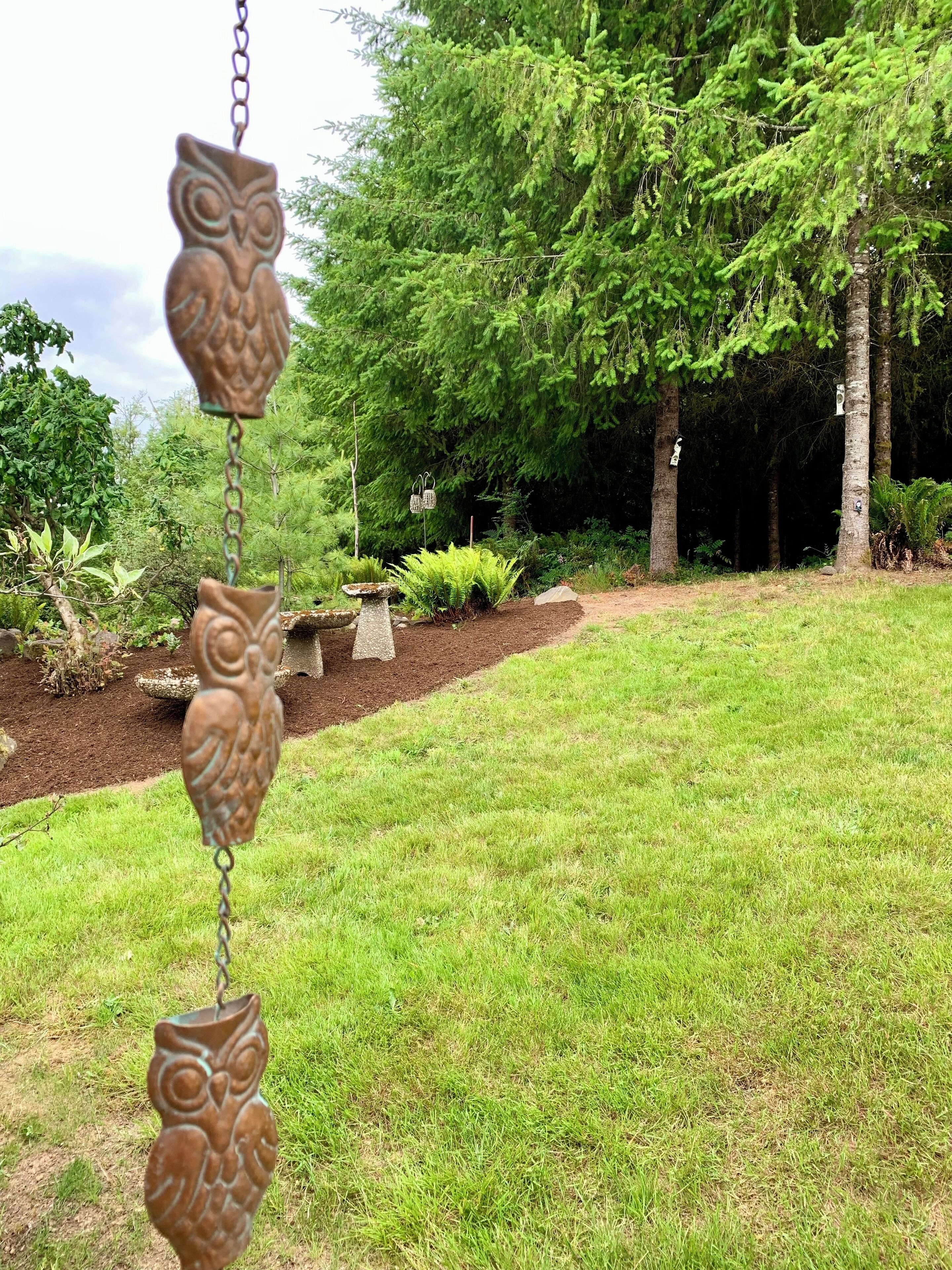 A garden with a hanging metal owl decoration, a stone birdbath, and a variety of greenery including ferns and trees.