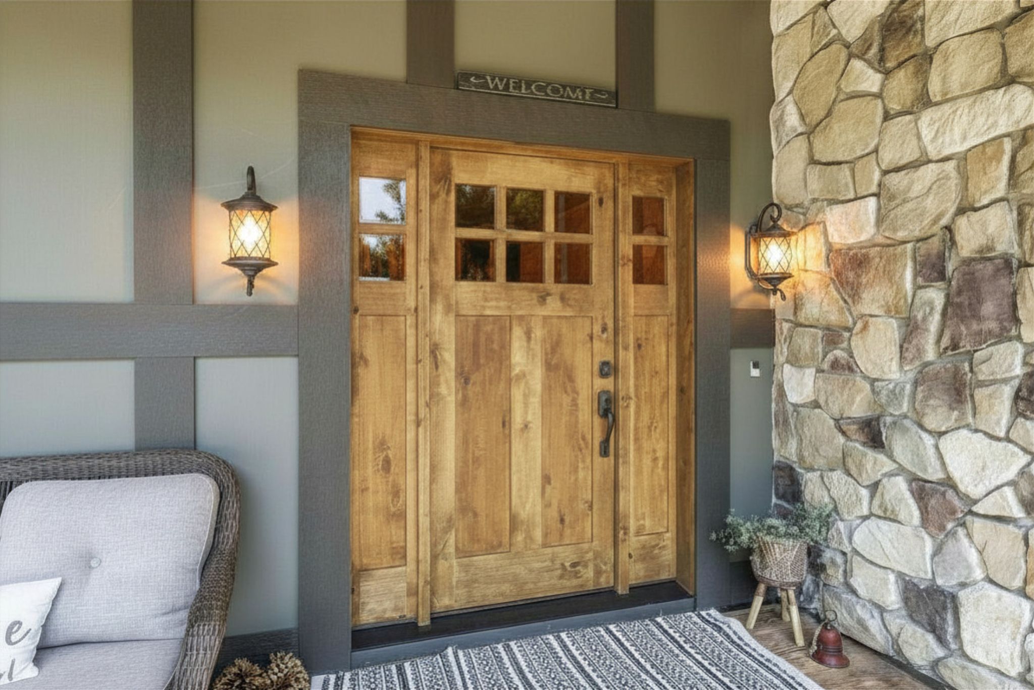 A wooden double door with a welcome sign above it, flanked by two wall-mounted lanterns, and a stone wall to the right.