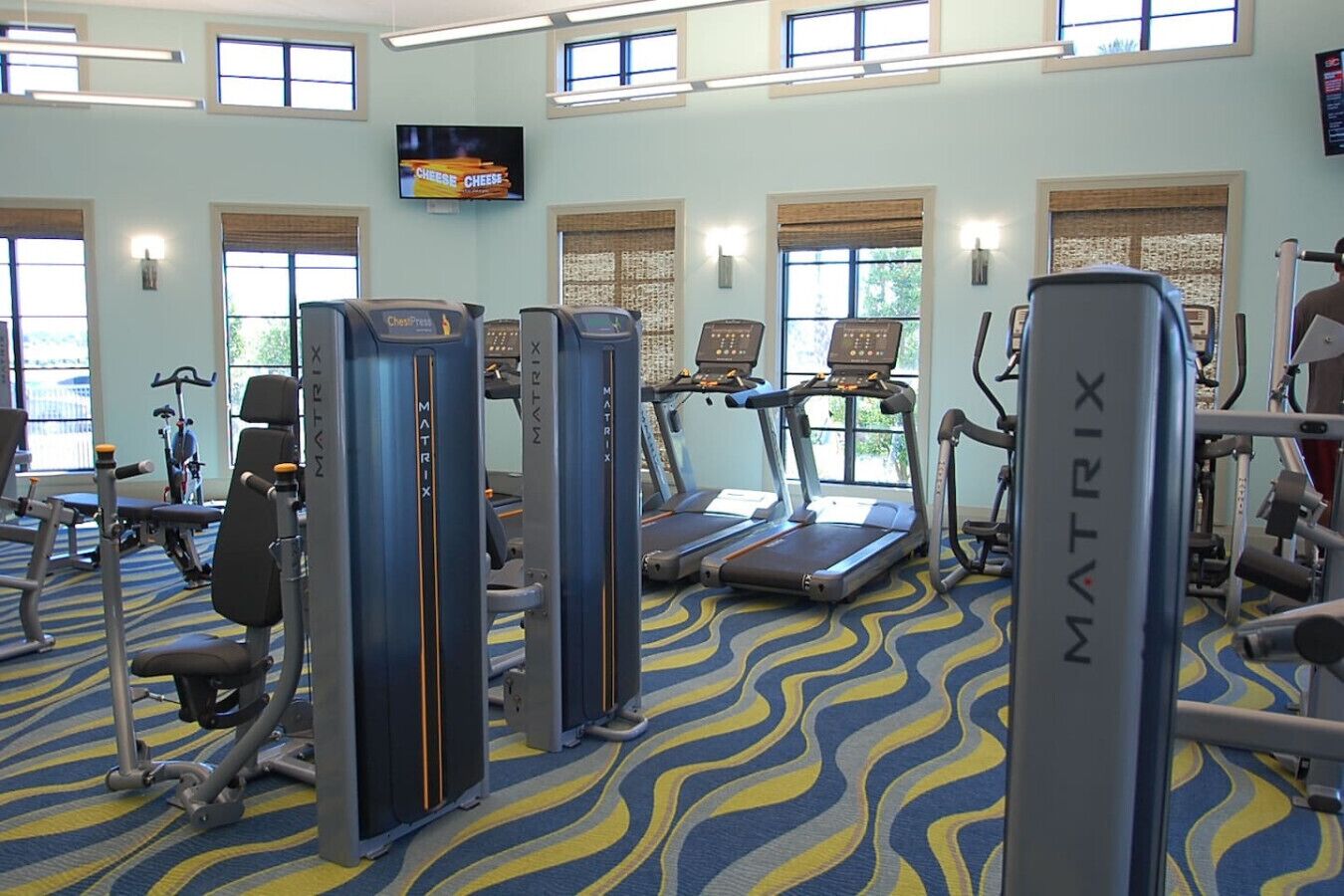 A gym with treadmills, weight machines, and a television on the wall.