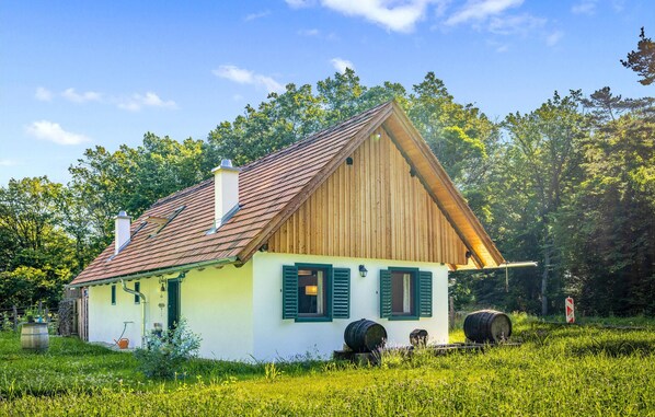 Une maison traditionnelle en bois, avec un toit à pente, des volets verts et une cheminée.
