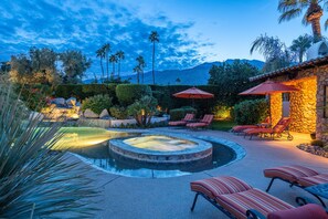 Outdoor pool, a heated pool, sun loungers