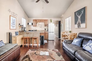 Smart TV, fireplace, books