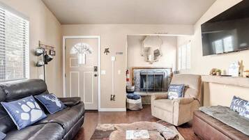 Smart TV, chimenea, libros