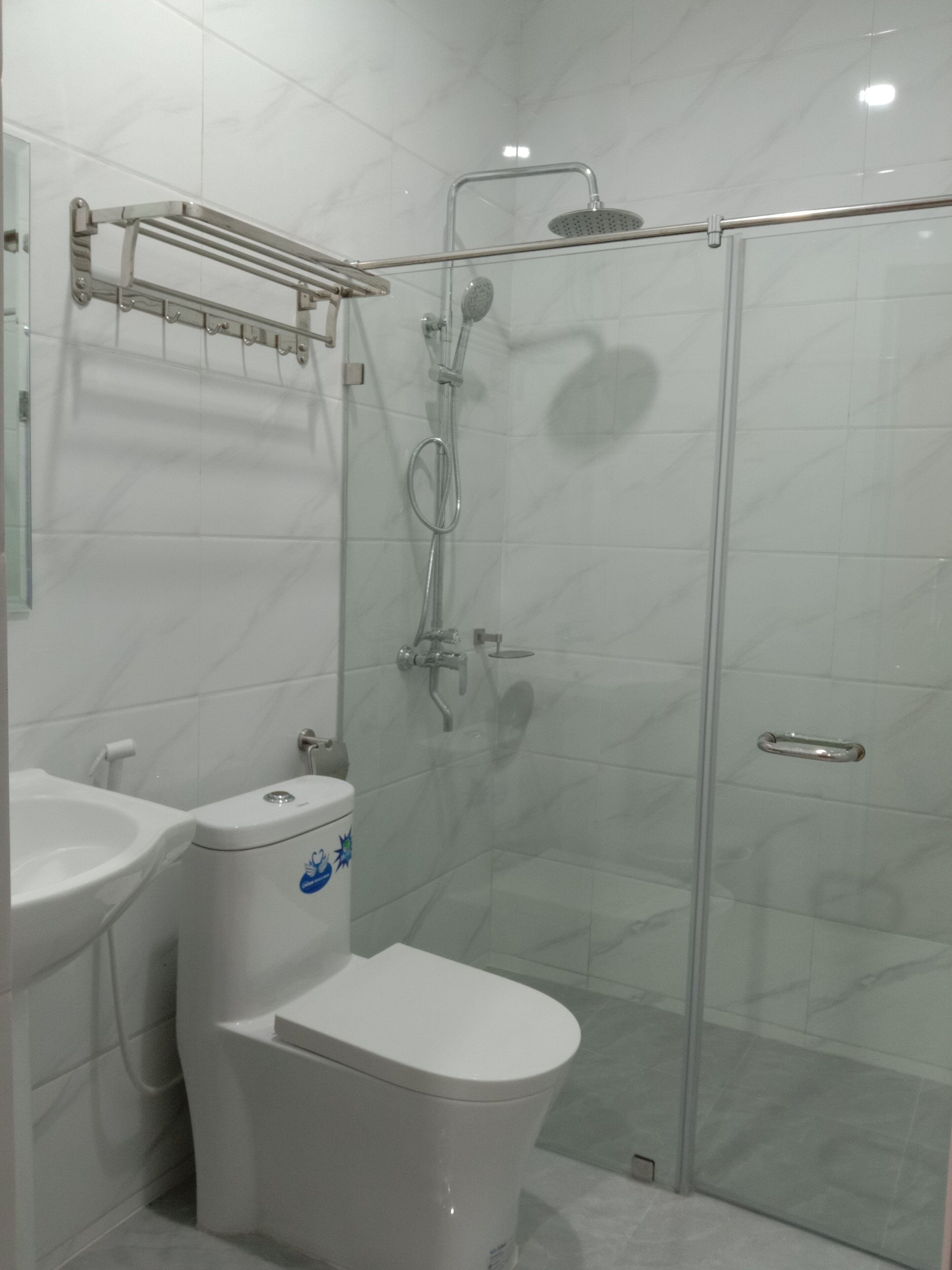A modern bathroom with a glass-enclosed shower, a toilet with a blue design, and a sink.