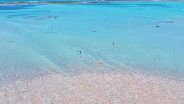 Una playa con agua turquesa cristalina y una orilla arenosa.