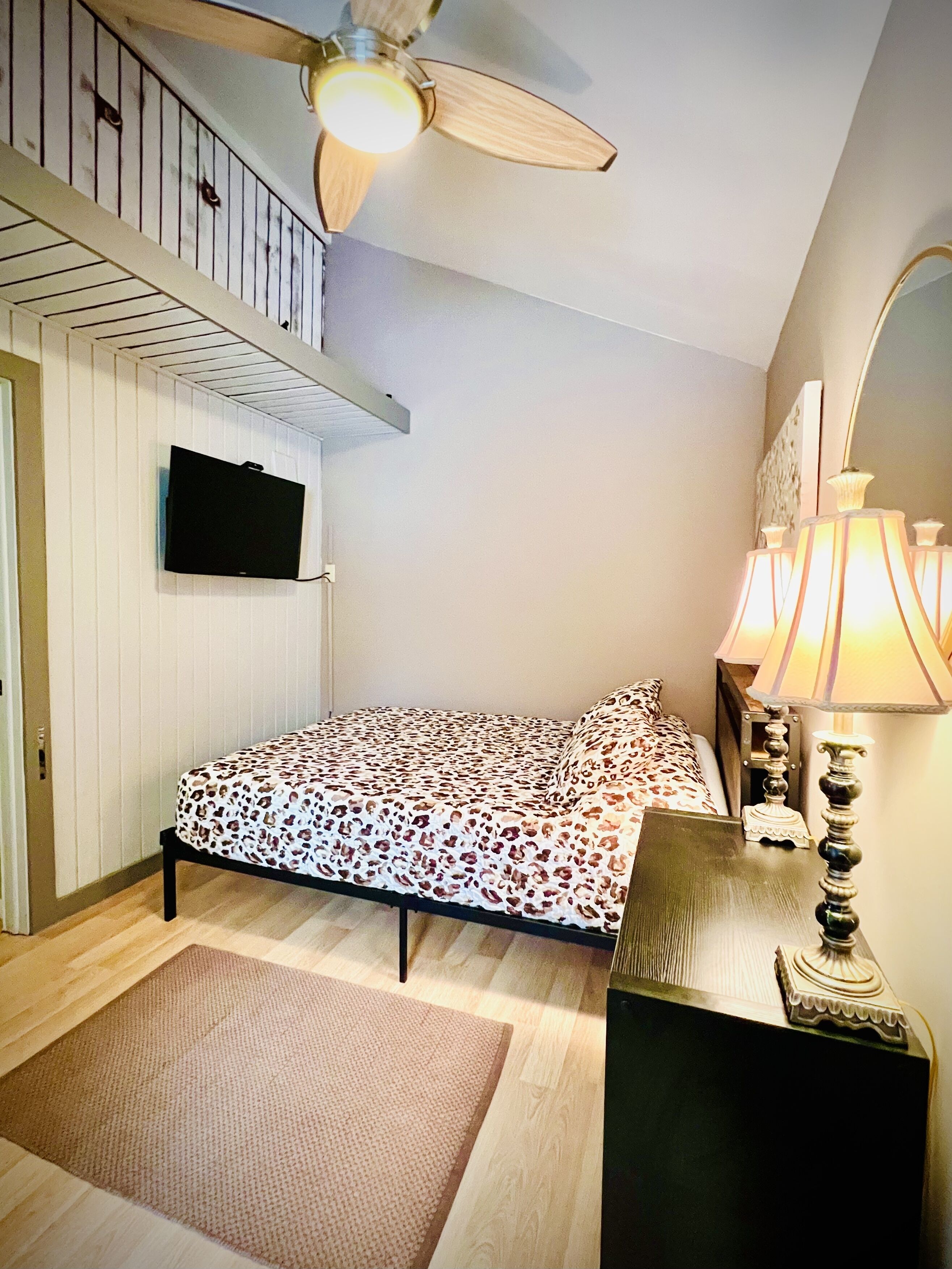 A bedroom with a bed, a ceiling fan, a TV, a lamp, and a small rug.