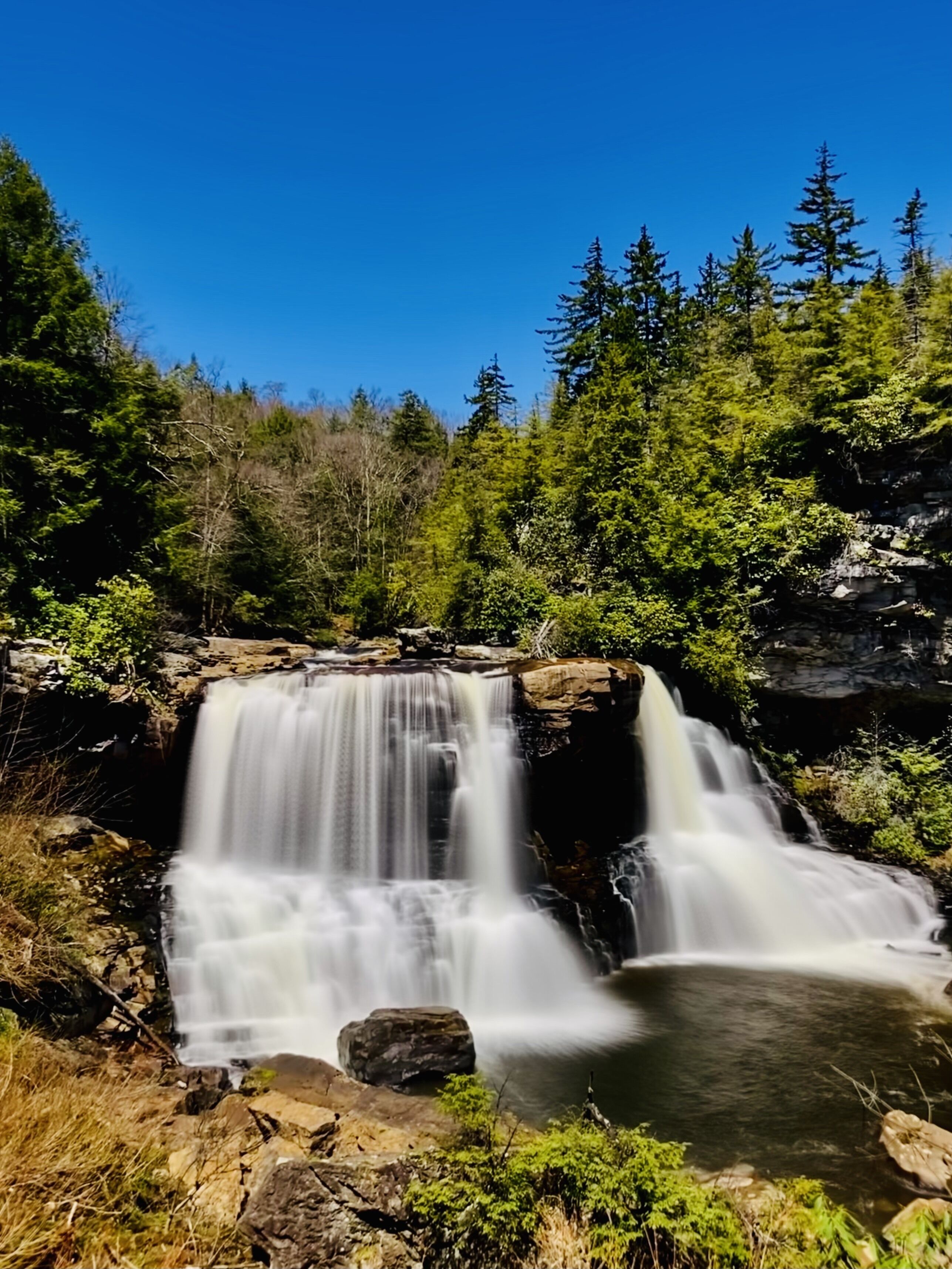 Une cascade d’eau se déversant sur des rochers, le tout étant entouré d’une forêt dense.