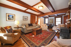 Smart TV, fireplace, books