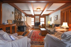 Smart TV, fireplace, books