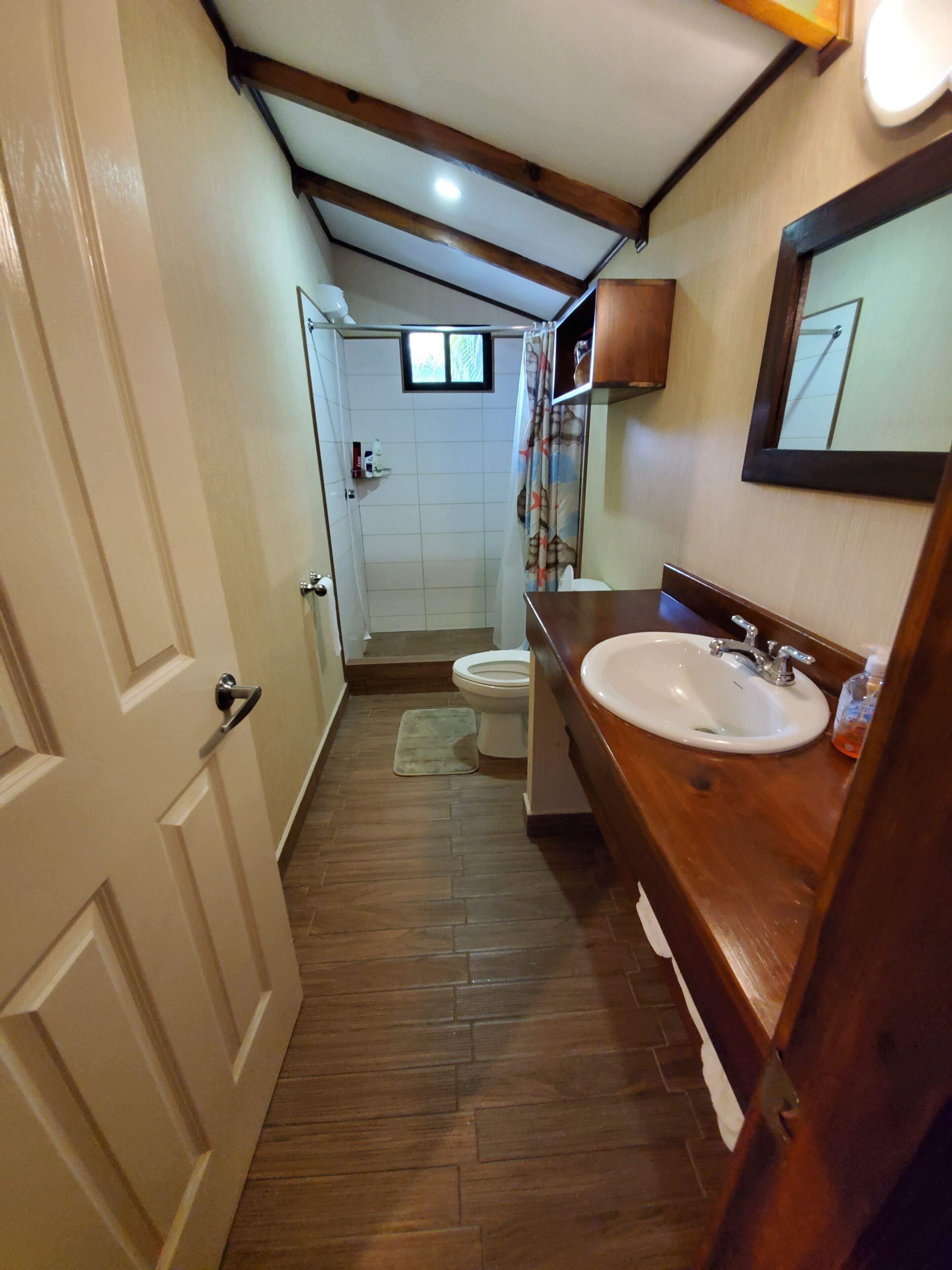 Un pasillo estrecho que conduce a un baño con inodoro, lavabo y ducha.