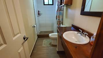 Un pasillo estrecho que conduce a un baño con inodoro, lavabo y ducha.