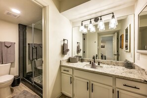 Shower, hair dryer, towels, toilet paper