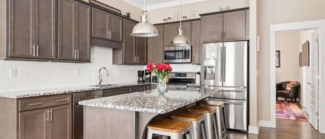 Fridge, microwave, dishwasher, coffee/tea maker