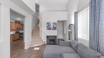 Smart TV, fireplace, music library