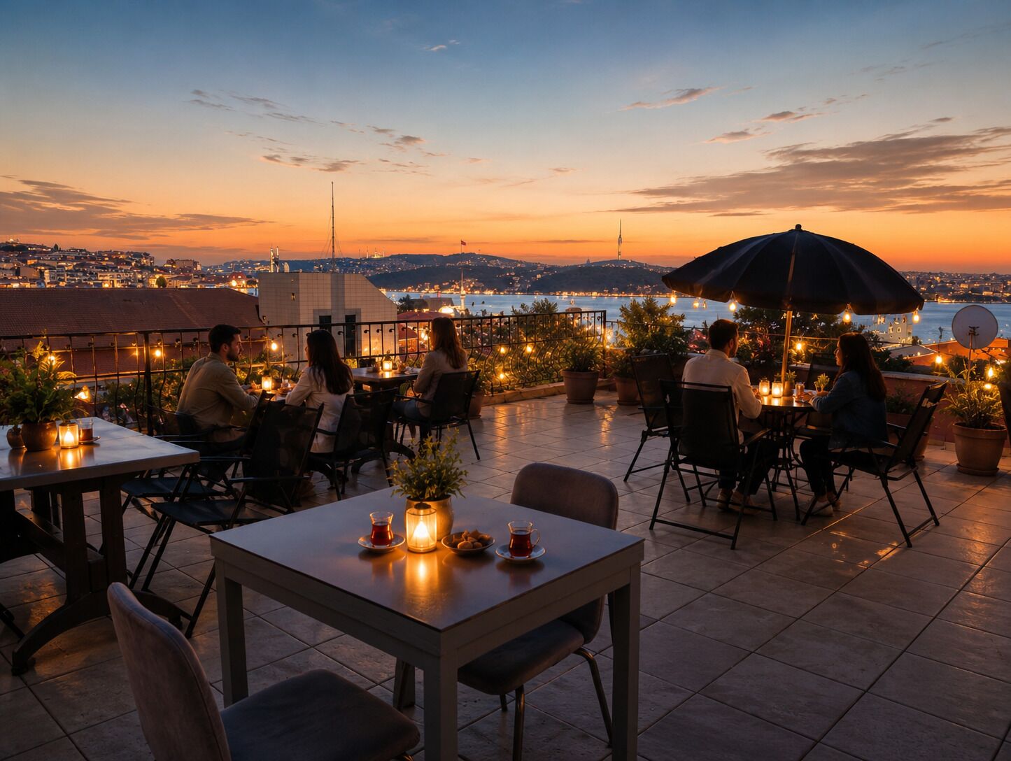 An outdoor dining area with tables and chairs, potted plants, and string lights against a sunset backdrop.