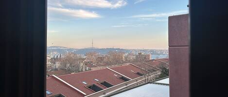 A view from a window overlooking a cityscape with red-roofed buildings and a distant tower.