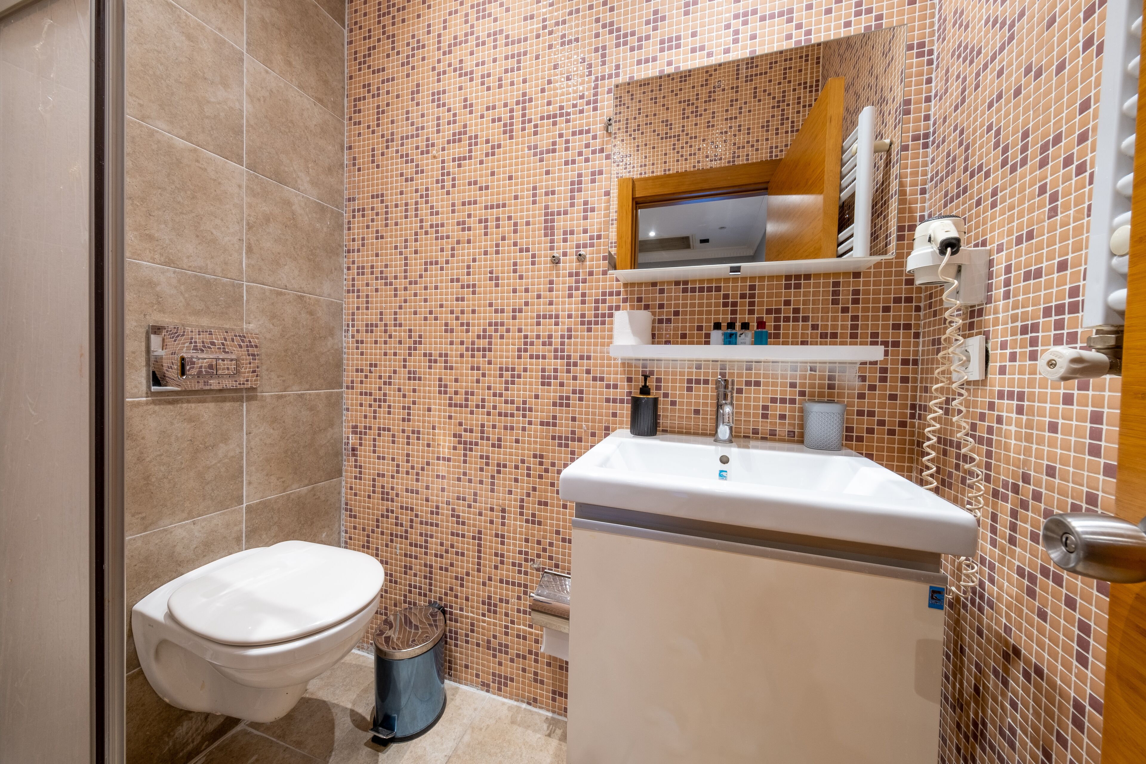 A bathroom with a toilet, sink, and mirror.