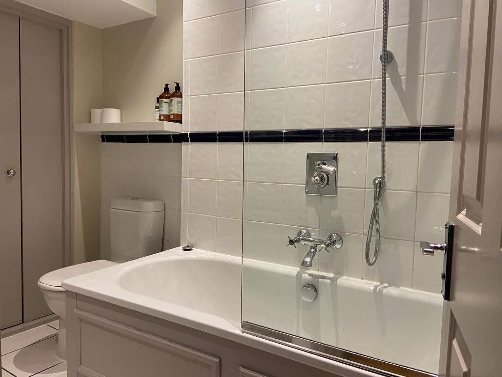 Combined shower/tub, hair dryer, towels, soap