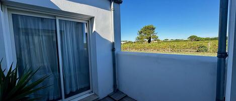 En balkon med udsigt over en vinmark, en hvid væg og et vindue med gardiner.