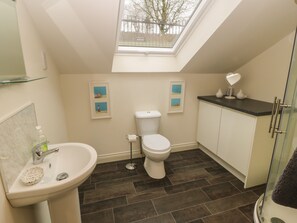 A bathroom with a skylight, a toilet, a sink, and a shower area. - Woodlands (Keighley)