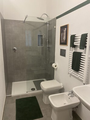 Douche, sèche-cheveux, bidet, serviettes fournies