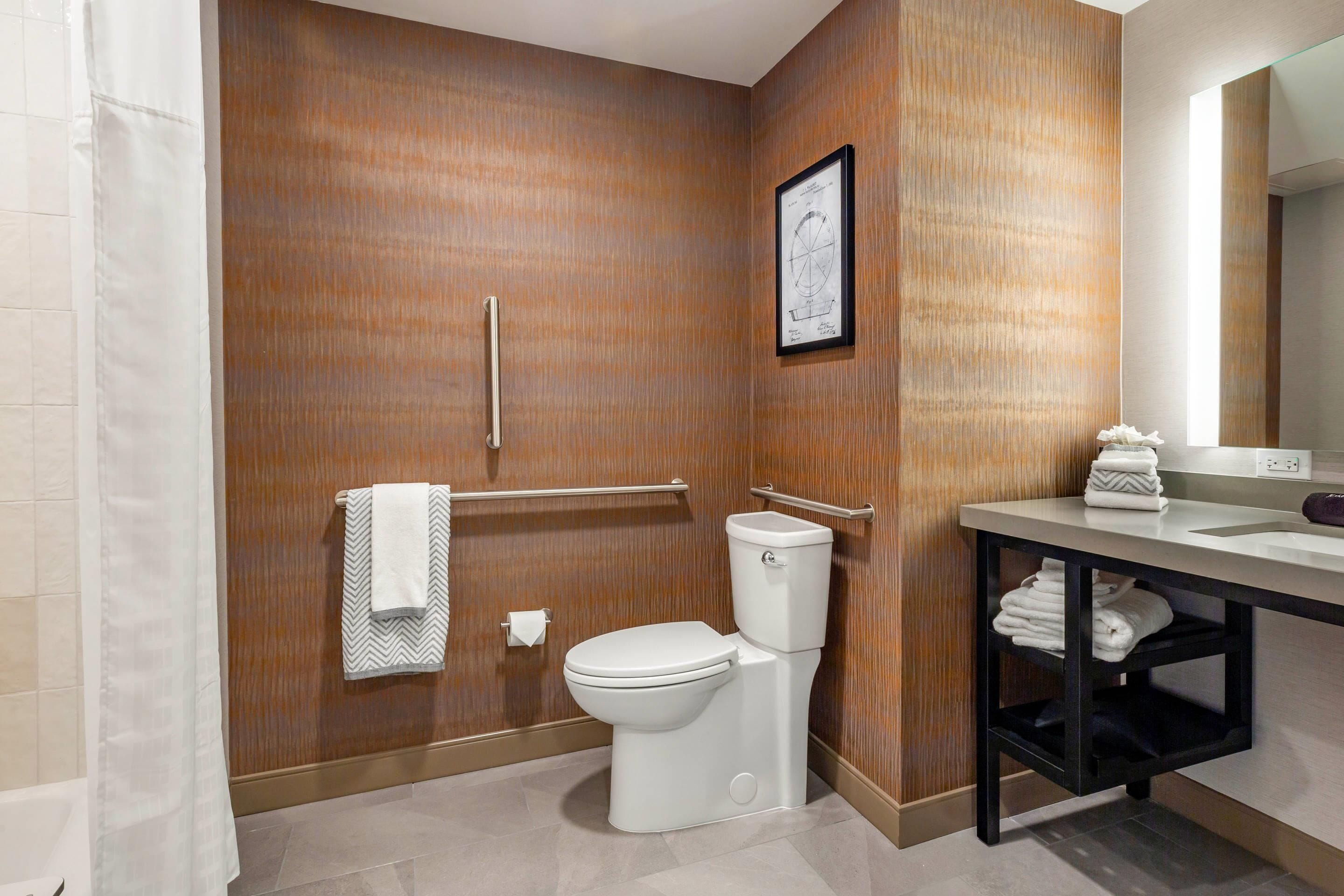 combined shower/bathtub, free toiletries, hair dryer, towels