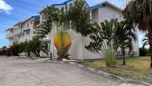 A multi-story building with balconies, surrounded by tropical plants and a paved driveway.