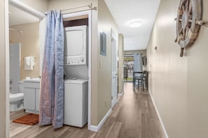 Combined shower/tub, hair dryer