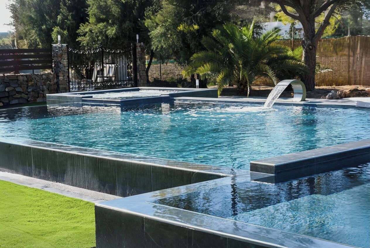 A rectangular swimming pool with a waterfall feature, surrounded by a stone wall and greenery.