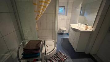 Jetted bath, hair dryer, towels, soap