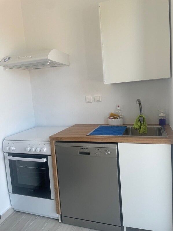 A compact kitchen with a built-in oven, a dishwasher, and a sink with a wooden countertop.