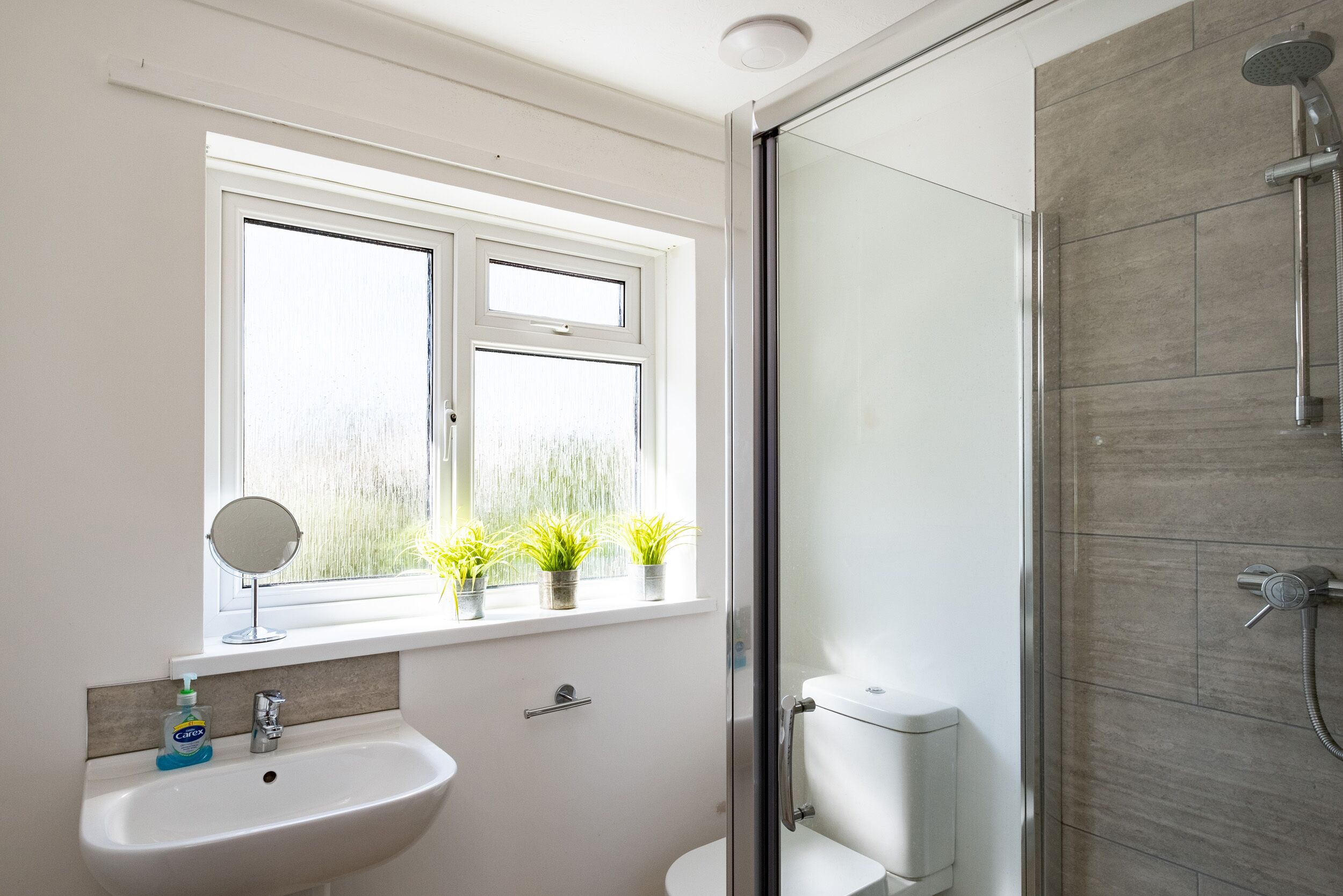 A bathroom with a sink, mirror, window with plants, and a shower area.