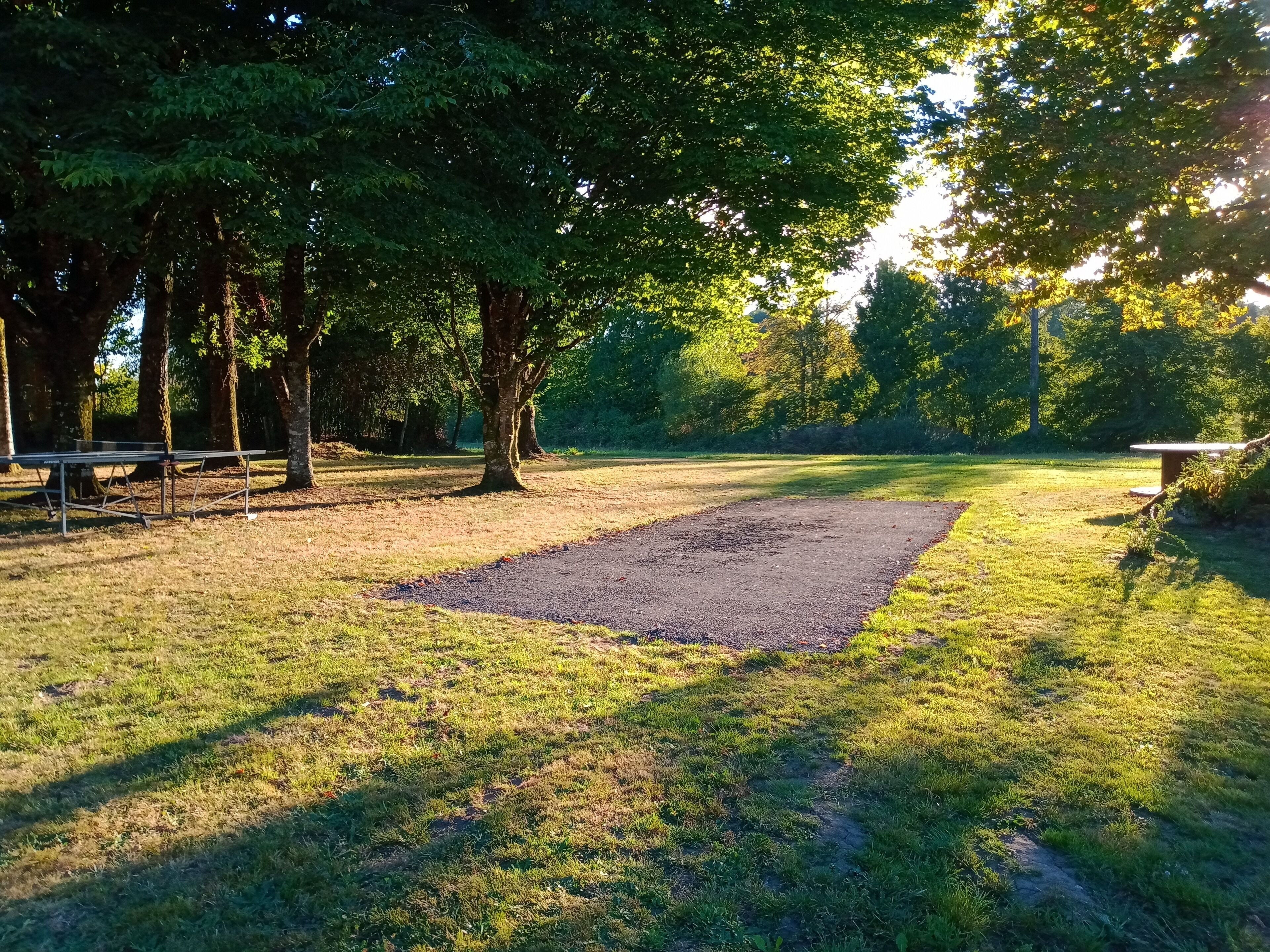 Un parc avec une table de pique-nique et un banc, entouré d’arbres et d’une pelouse.