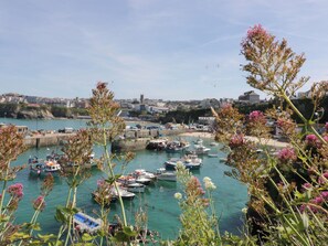 A harbor with boats docked, surrounded by greenery and buildings in the background. - 49 Atlantic Reach (Newquay)