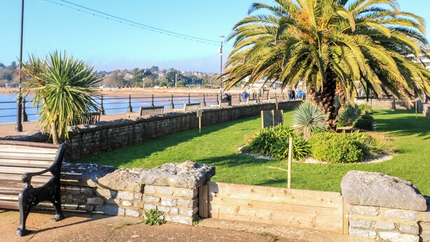 A coastal promenade with stone benches, a palm tree, and a stone wall.