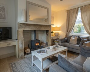 Smart TV, fireplace, Netflix, books