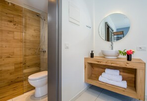 Estudio clásico | Baño | Ducha, cabezal de ducha tipo lluvia, secador de pelo y zapatillas