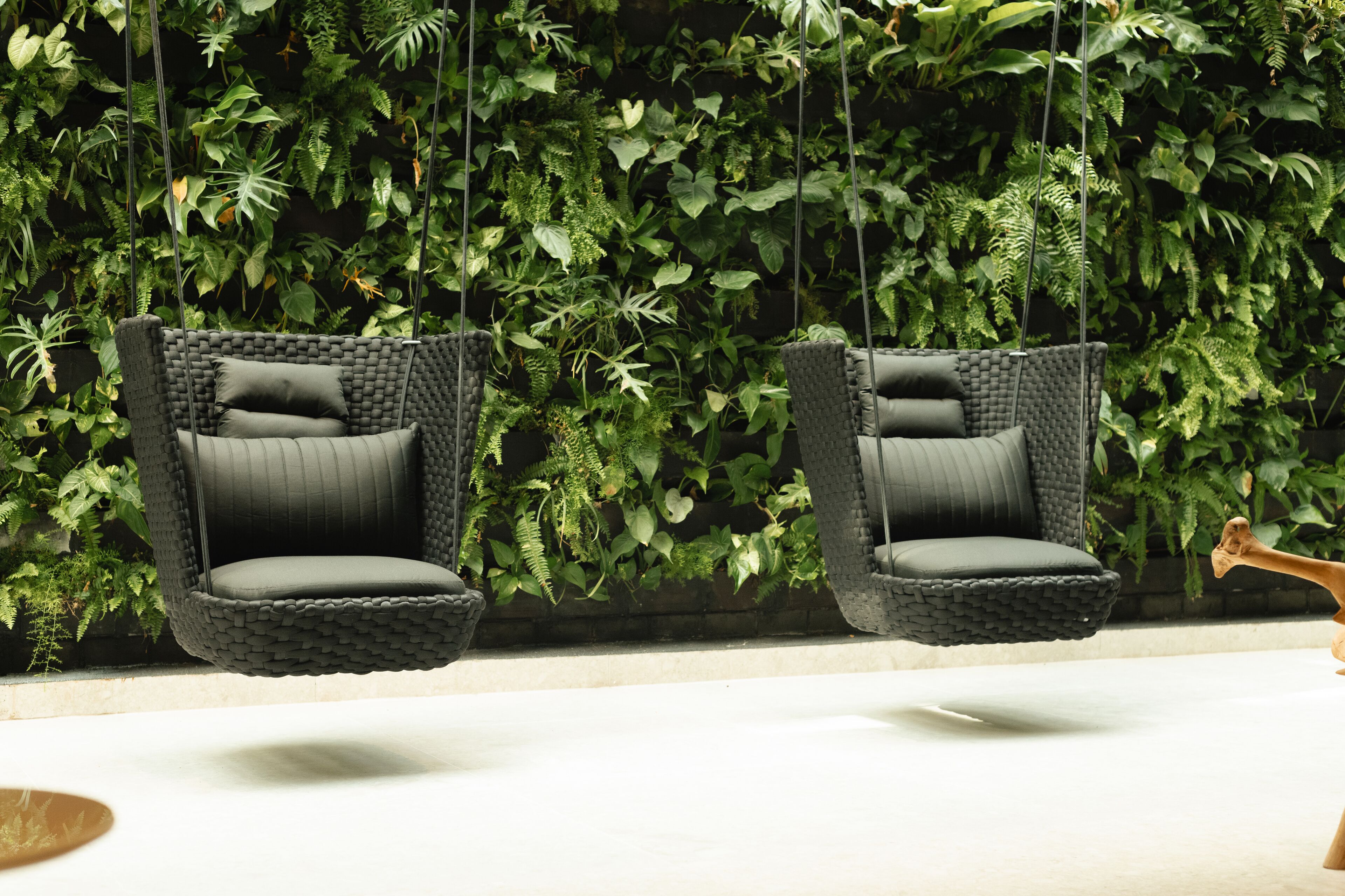 Twee rieten hangstoelen met kussens, opgehangen aan touwen, voor een achtergrond van weelderig groen gebladerte.