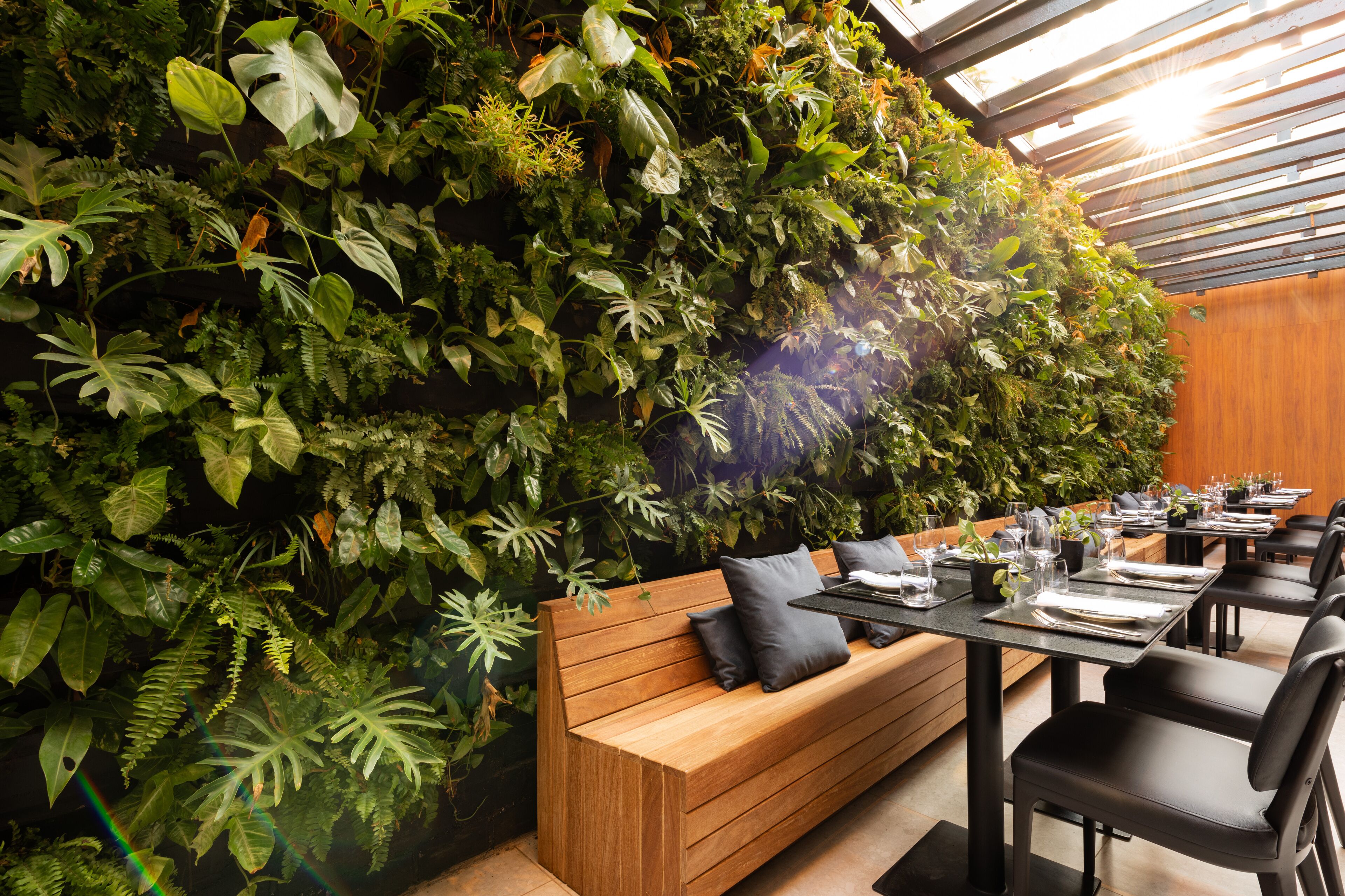 Un restaurante con una pared verde cubierta de plantas, asientos de madera y mesas dispuestas para comer.