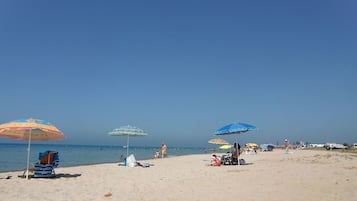 On the beach, sun-loungers