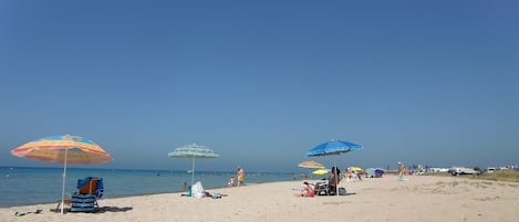 On the beach, sun-loungers