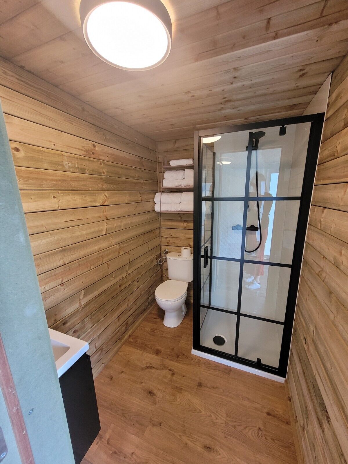 Une salle de bain rustique, située dans une cabane en bois, avec une douche en verre, des toilettes et un lavabo.
