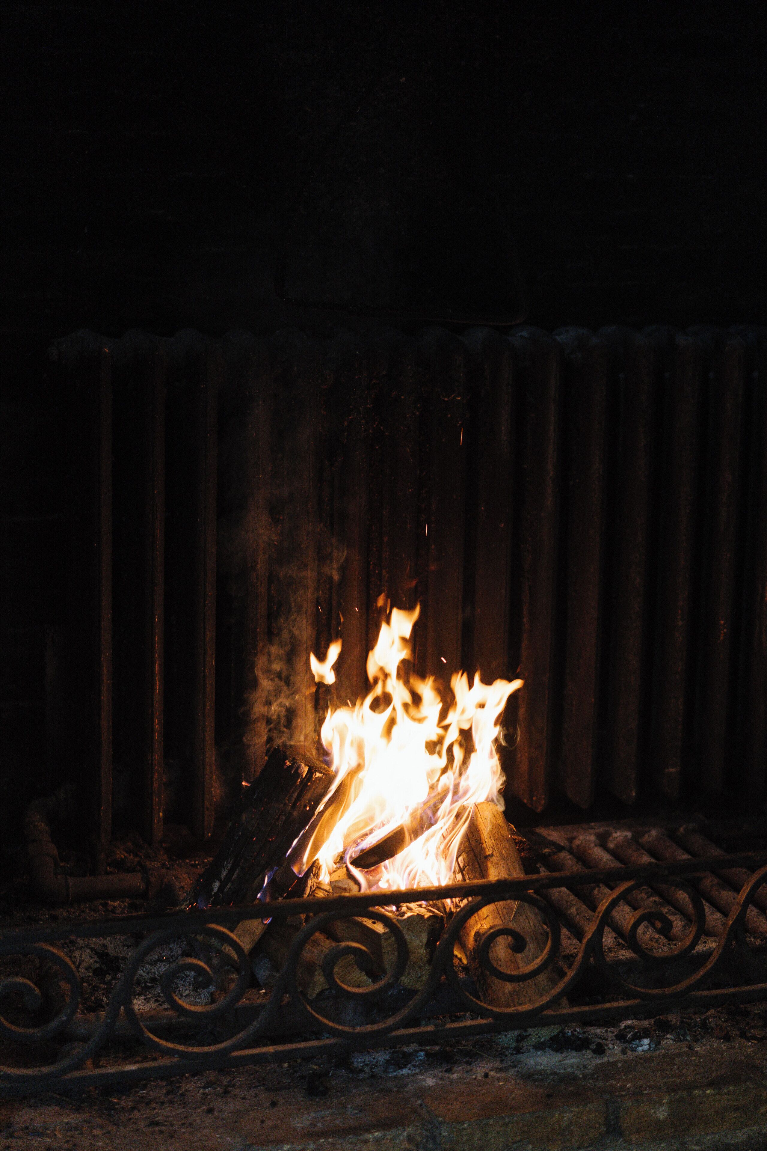 Chimenea con leña ardiendo y una barandilla metálica al frente.